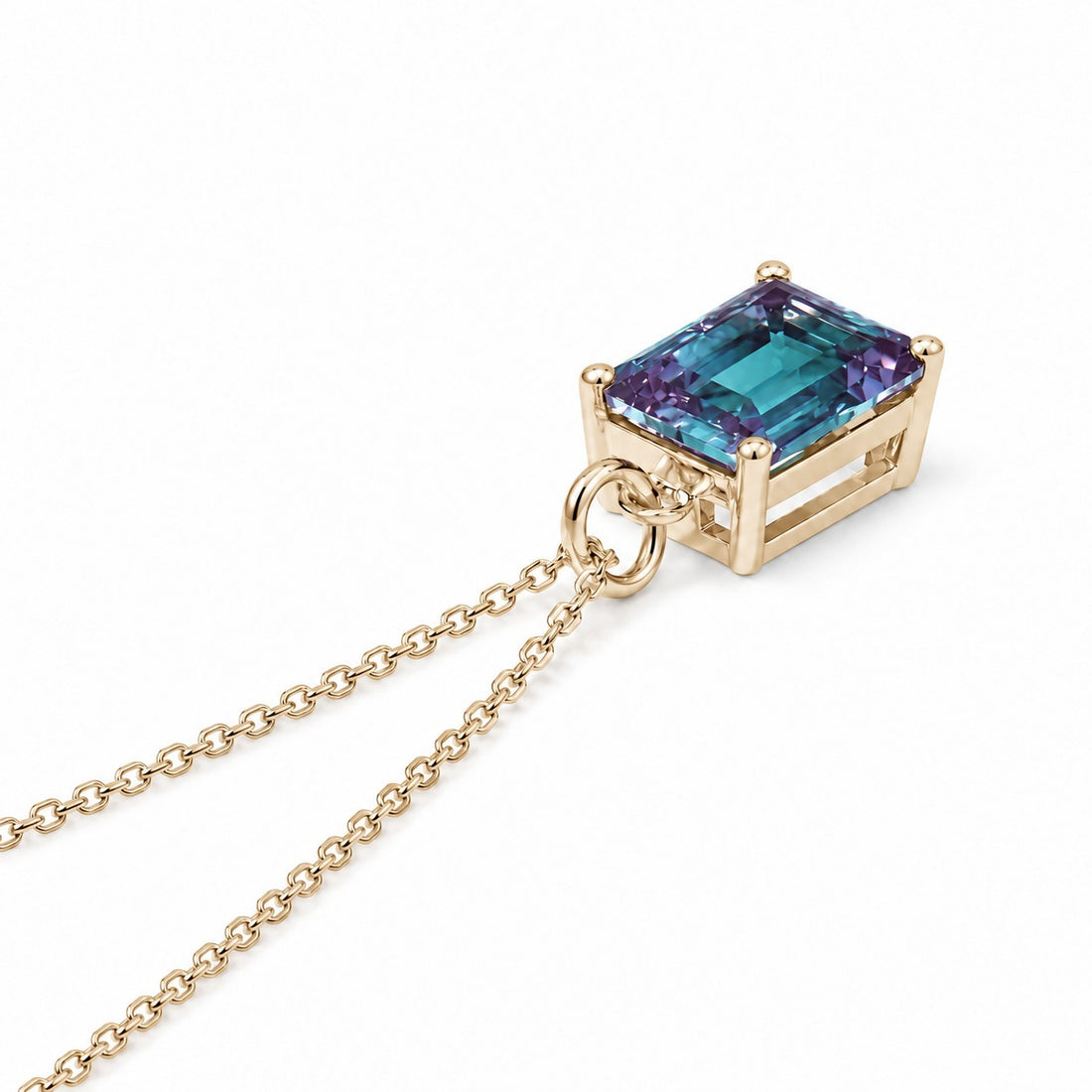 Emerald-Cut Lab Alexandrite Pendant — 3.00ct in 14K yellow gold, side view