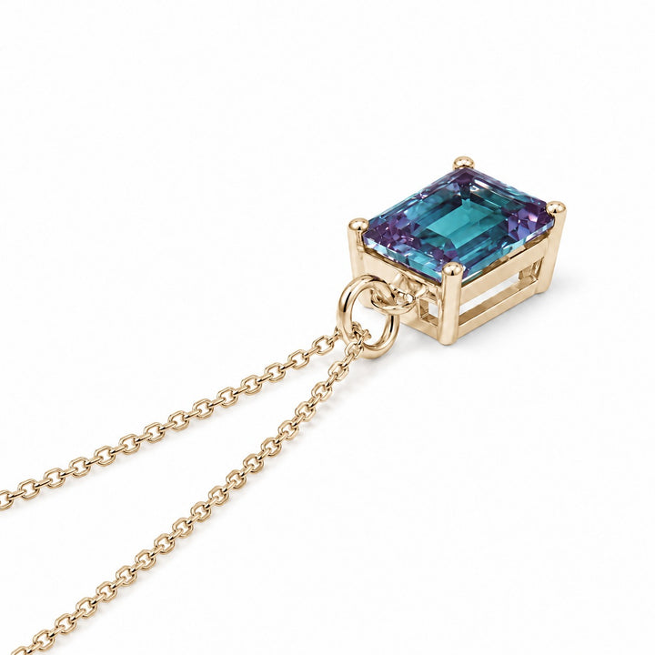 Emerald-Cut Lab Alexandrite Pendant — 3.00ct in 14K yellow gold, side view