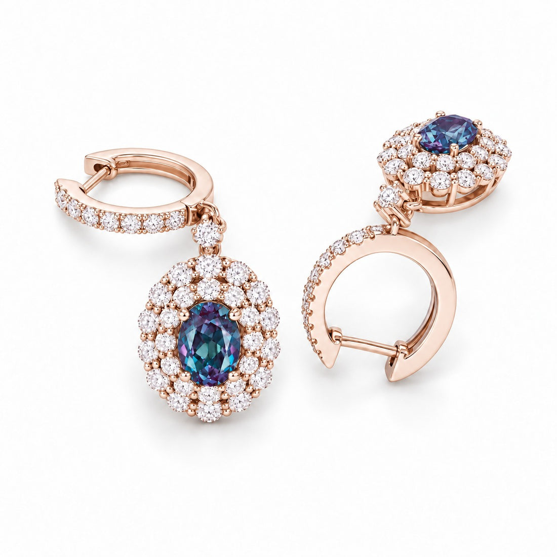 Oval Lab Alexandrite Diamond Halo Drop Earrings in 14K rose gold, angled view