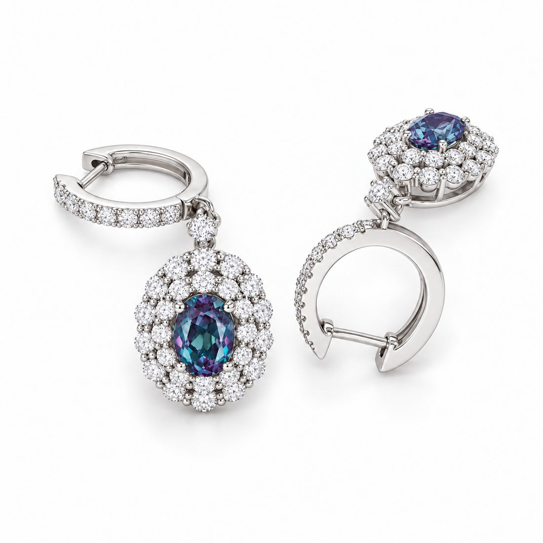 Oval Lab Alexandrite Diamond Halo Drop Earrings in 14K white gold, angled view
