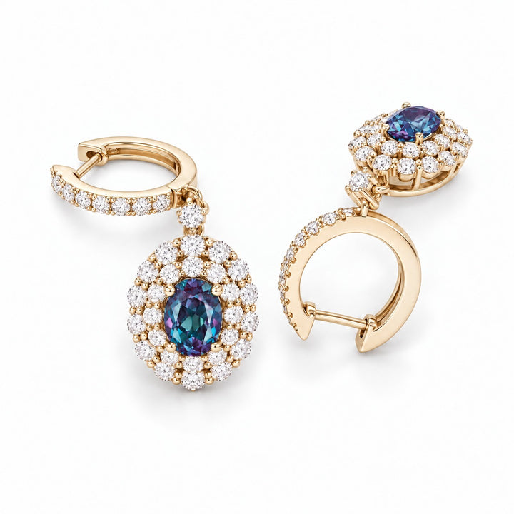 Oval Lab Alexandrite Diamond Halo Drop Earrings in 14K yellow gold, angled view