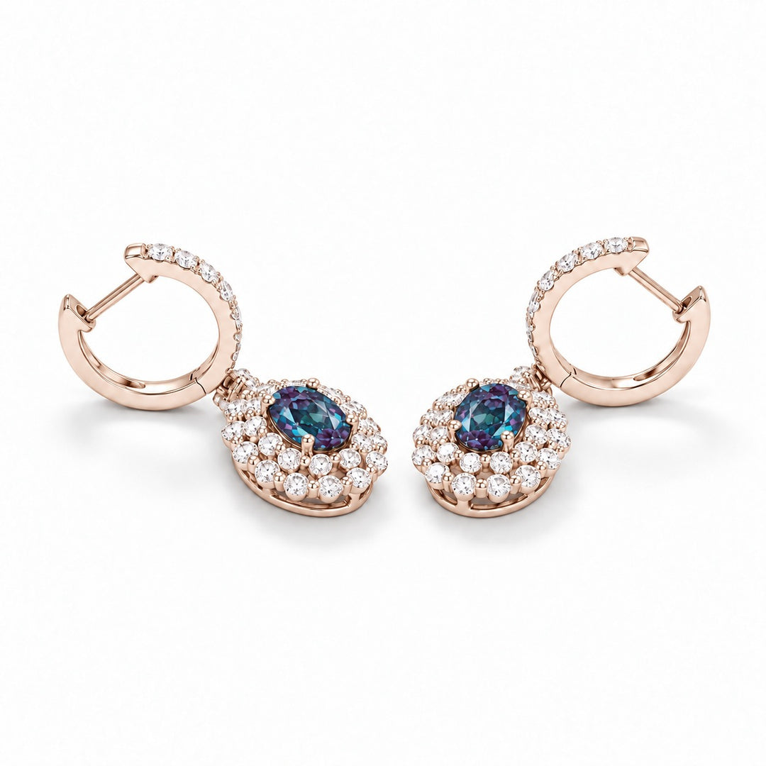 Oval Lab Alexandrite Diamond Halo Drop Earrings in 14K rose gold, earring back detail