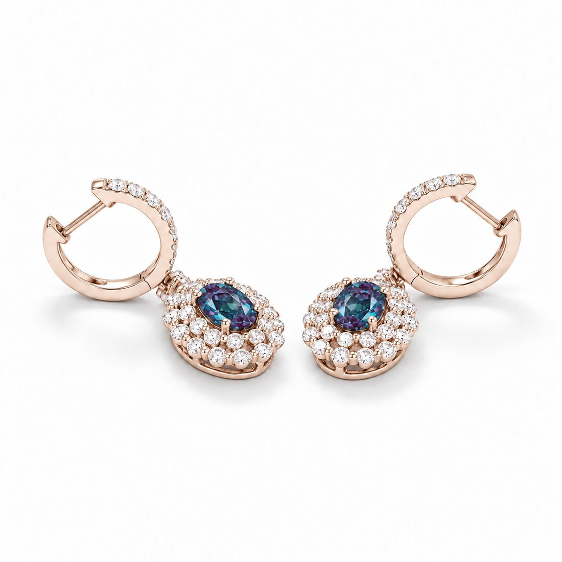 Oval Lab Alexandrite Diamond Halo Drop Earrings in 14K rose gold, earring back detail