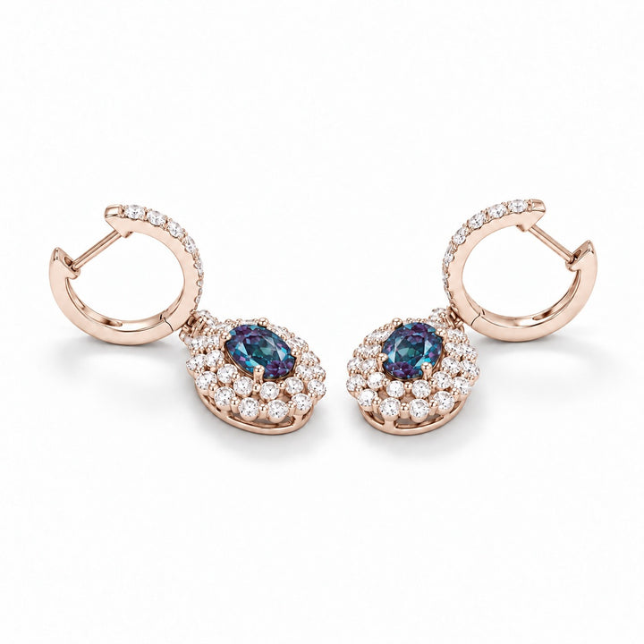 Oval Lab Alexandrite Diamond Halo Drop Earrings in 14K rose gold, earring back detail