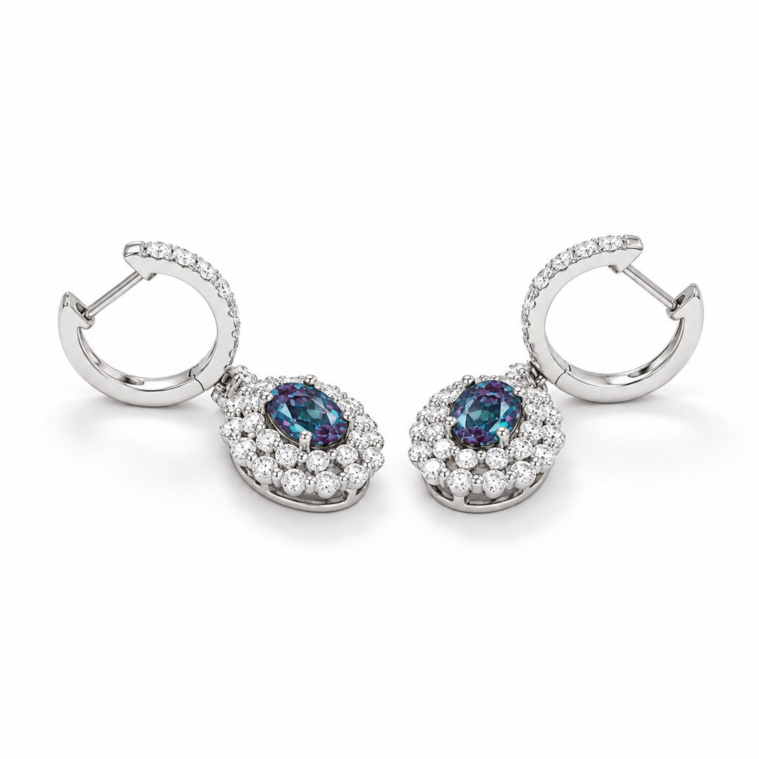 Oval Lab Alexandrite Diamond Halo Drop Earrings in 14K white gold, earring back detail