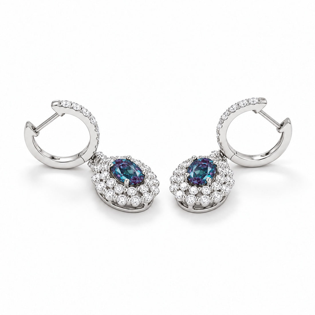 Oval Lab Alexandrite Diamond Halo Drop Earrings in 14K white gold, earring back detail