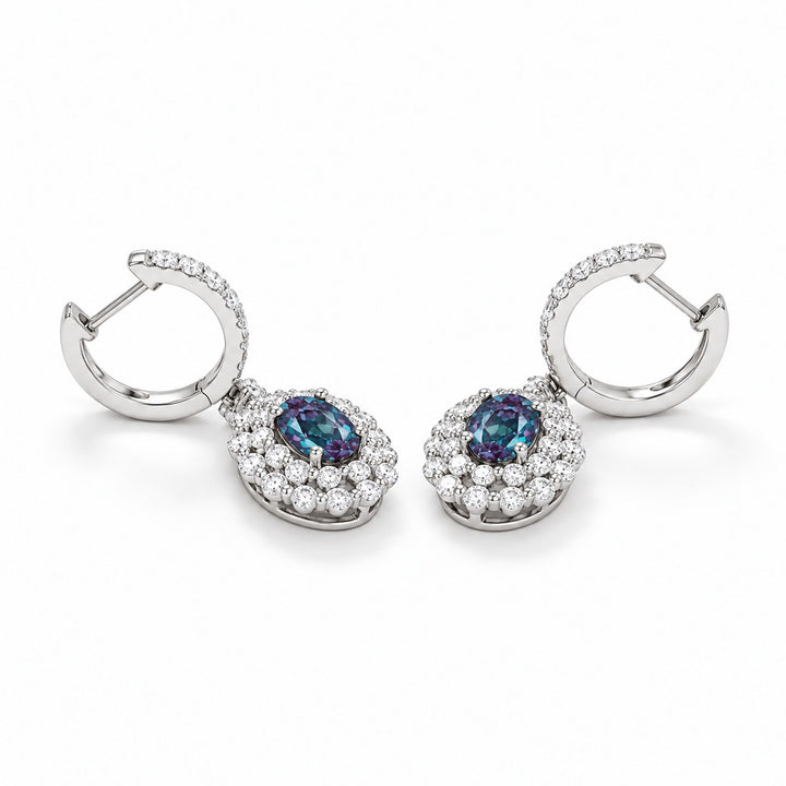 Oval Lab Alexandrite Diamond Halo Drop Earrings in 14K white gold, earring back detail
