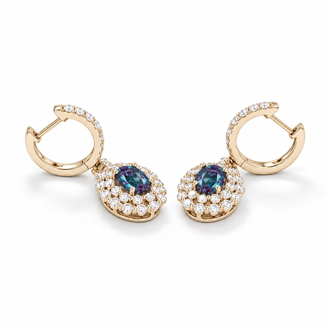 Oval Lab Alexandrite Diamond Halo Drop Earrings in 14K yellow gold, earring back detail