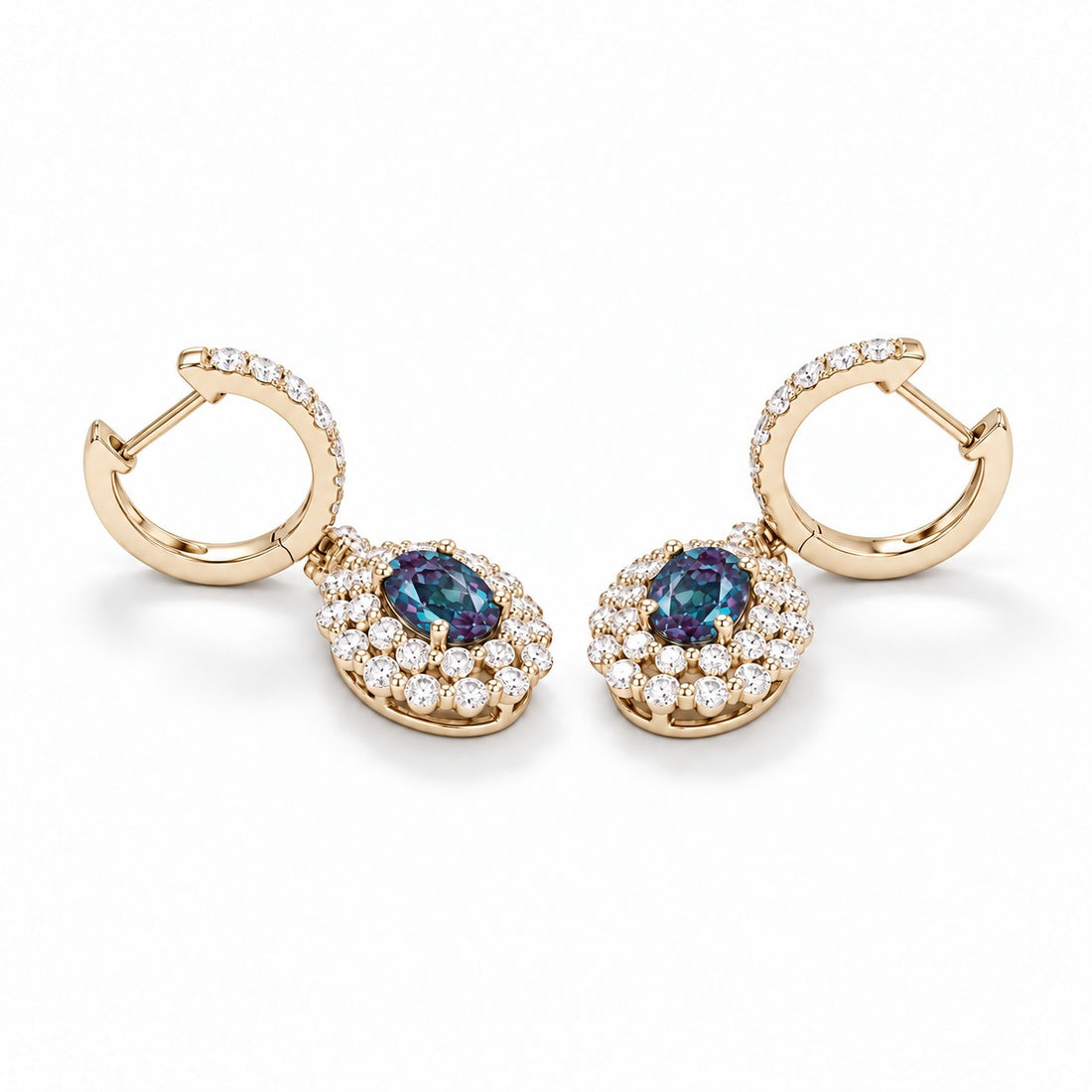 Oval Lab Alexandrite Diamond Halo Drop Earrings in 14K yellow gold, earring back detail
