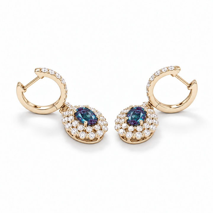 Oval Lab Alexandrite Diamond Halo Drop Earrings in 14K yellow gold, earring back detail