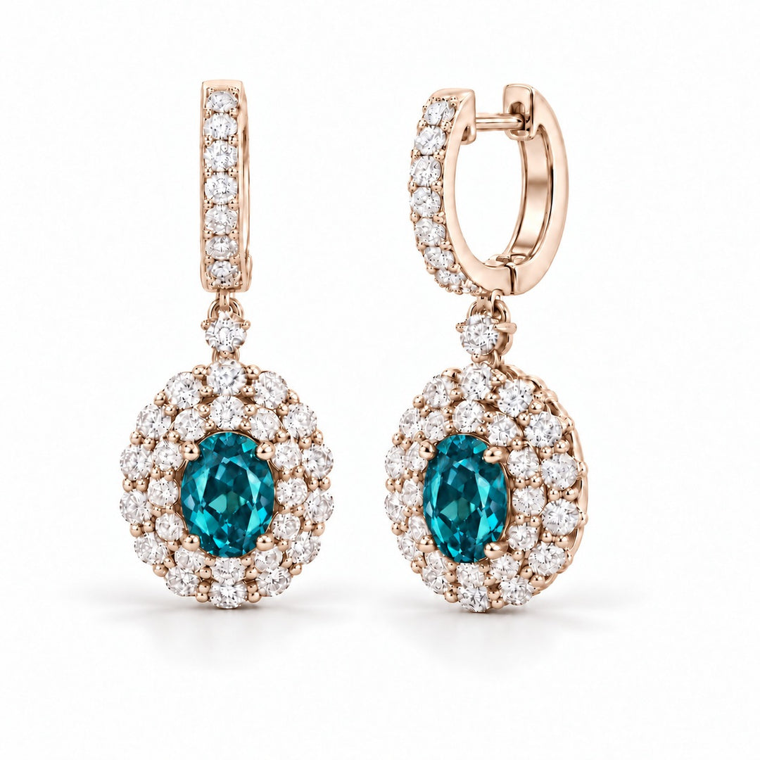 Oval Lab Alexandrite Diamond Halo Drop Earrings in 14K rose gold, in daylight