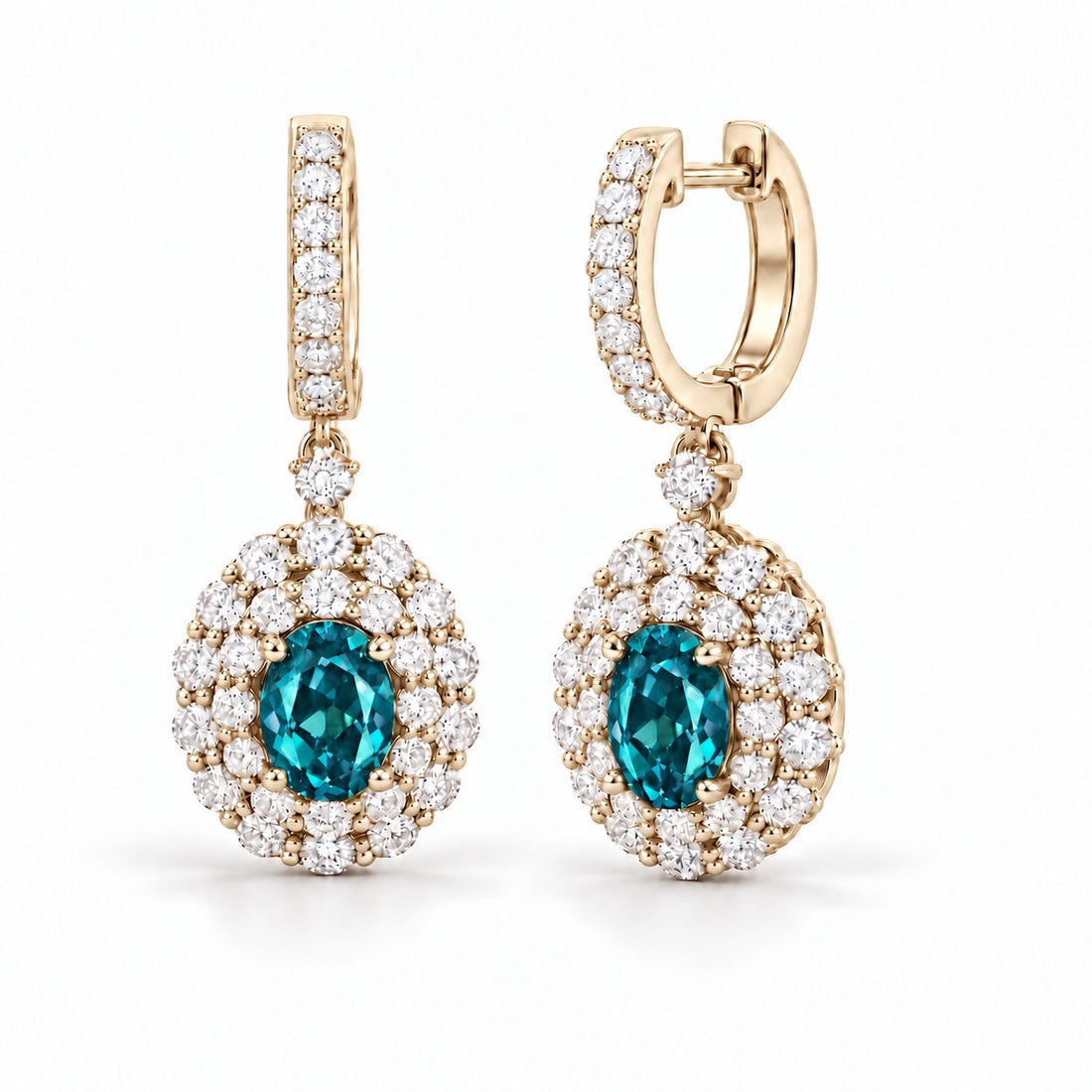 Oval Lab Alexandrite Diamond Halo Drop Earrings in 14K yellow gold, in daylight