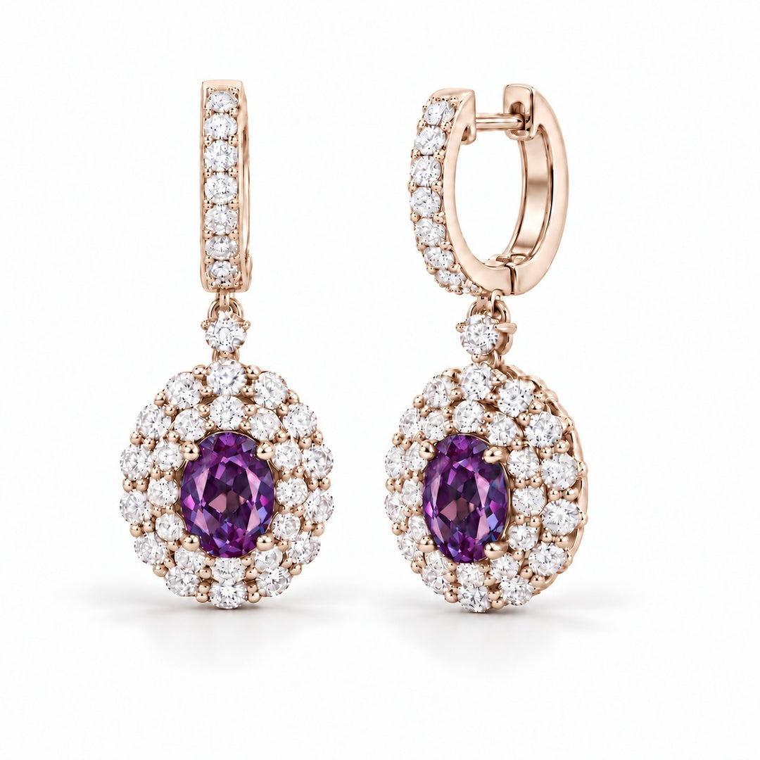Oval Lab Alexandrite Diamond Halo Drop Earrings in 14K rose gold, in warm light