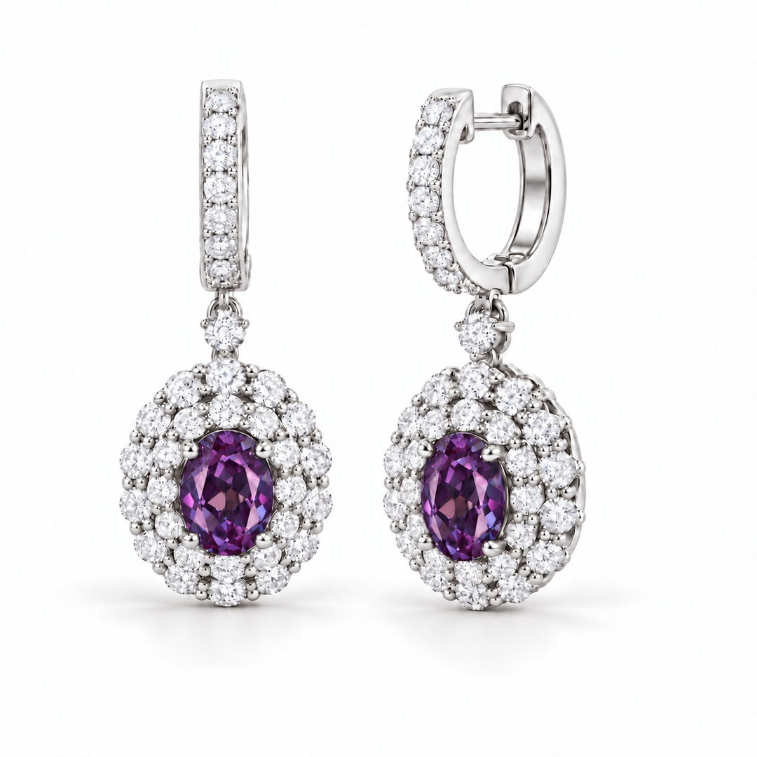 Oval Lab Alexandrite Diamond Halo Drop Earrings in 14K white gold, in warm light