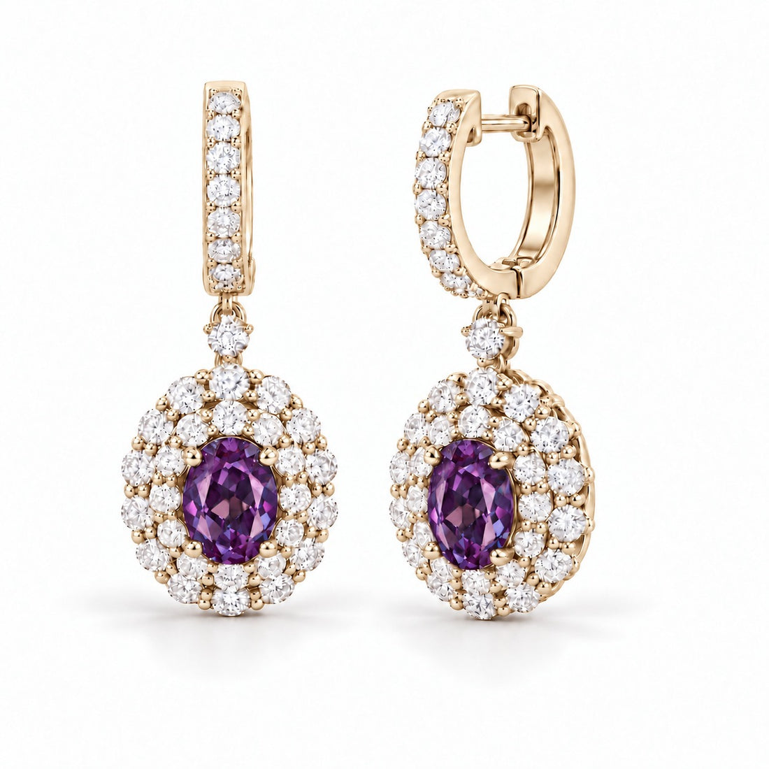 Oval Lab Alexandrite Diamond Halo Drop Earrings in 14K yellow gold, in warm light