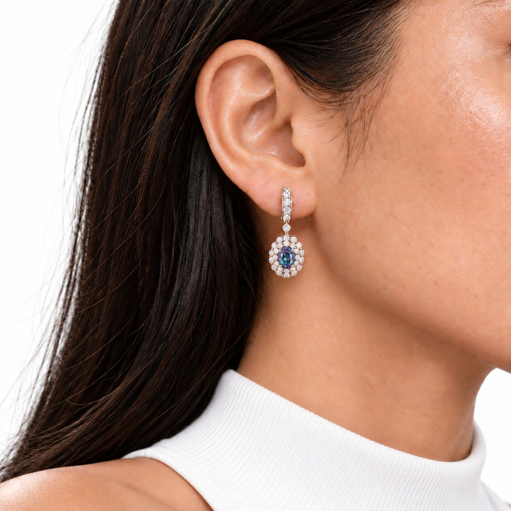Oval Lab Alexandrite Diamond Halo Drop Earrings in 14K rose gold, worn
