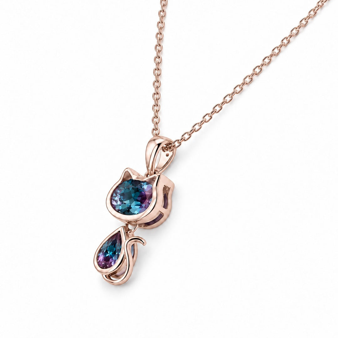 Cat Lab Alexandrite Pendant — 1.75ctw in 14K rose gold, angled view