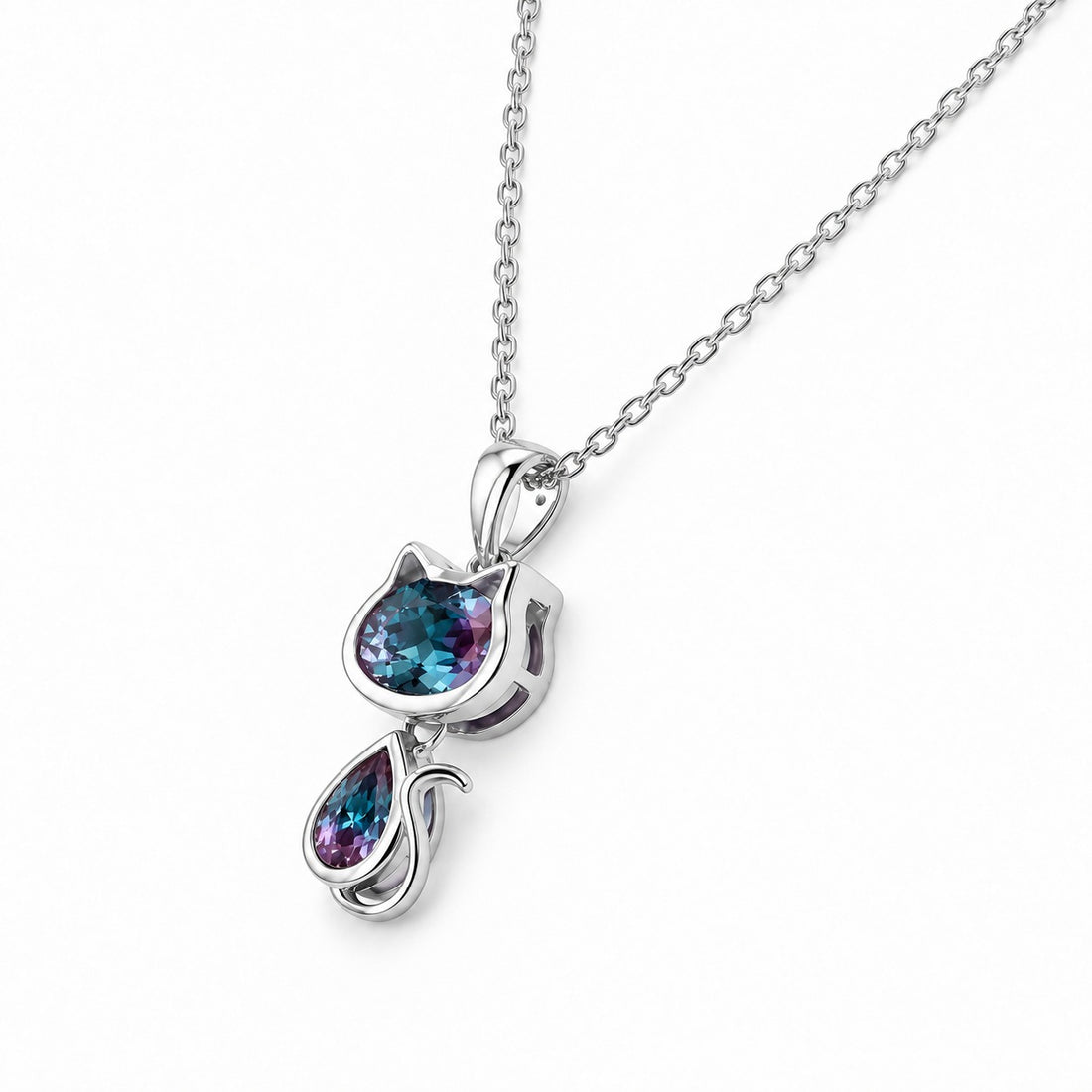 Cat Lab Alexandrite Pendant — 1.75ctw in 14K white gold, angled view