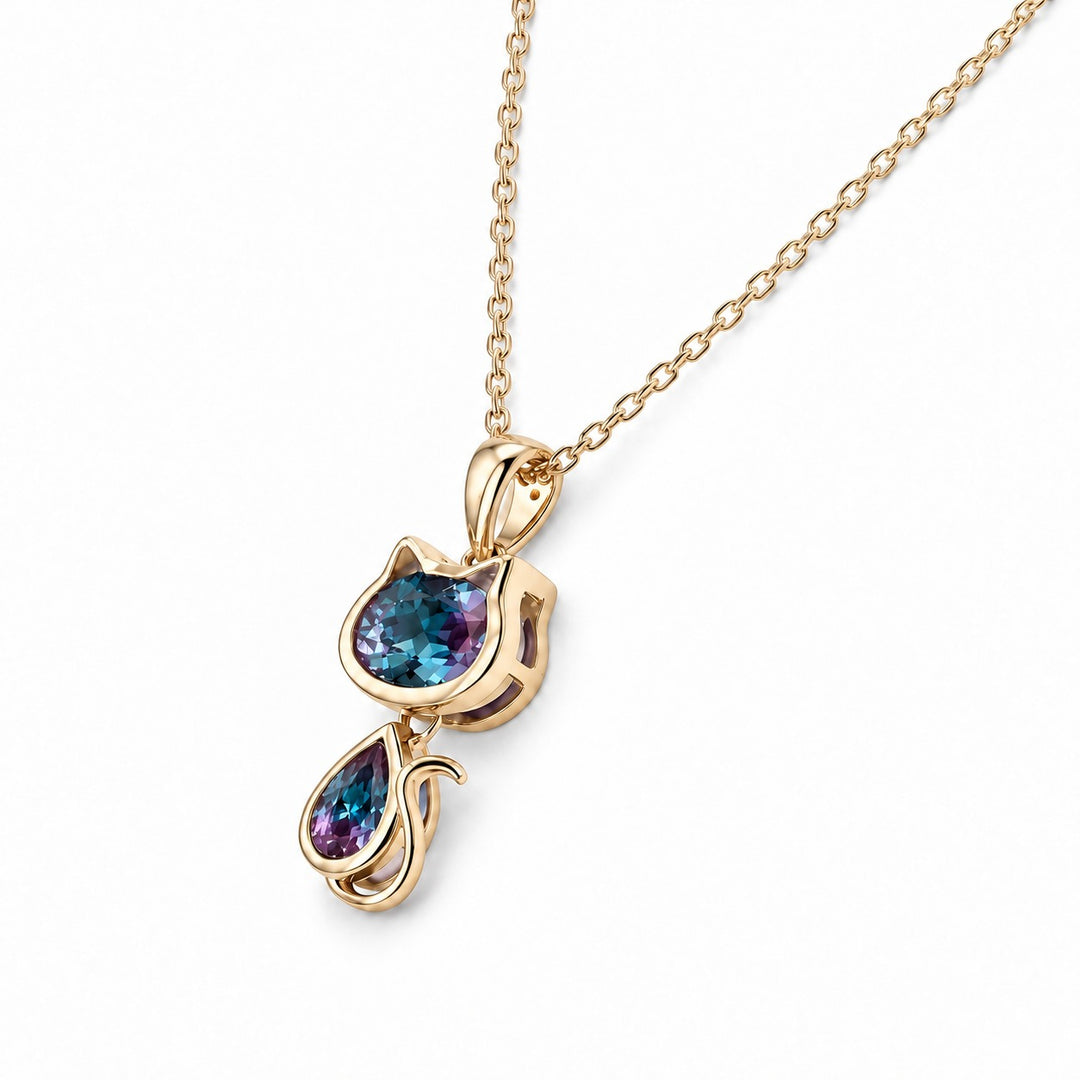 Cat Lab Alexandrite Pendant — 1.75ctw in 14K yellow gold, angled view