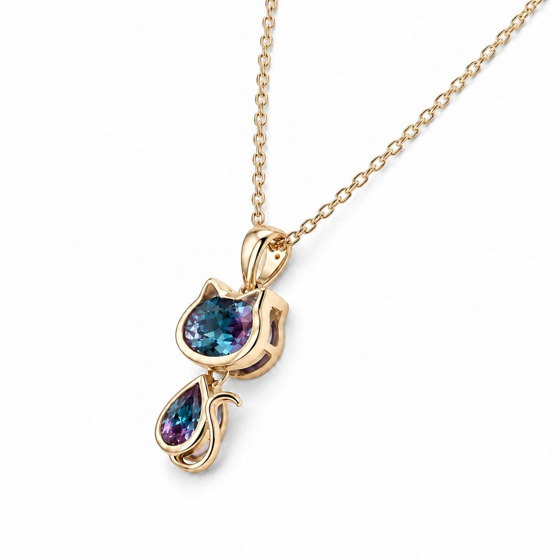 Cat Lab Alexandrite Pendant — 1.75ctw in 14K yellow gold, angled view
