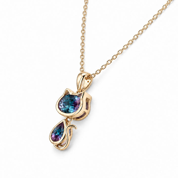 Cat Lab Alexandrite Pendant — 1.75ctw in 14K yellow gold, angled view