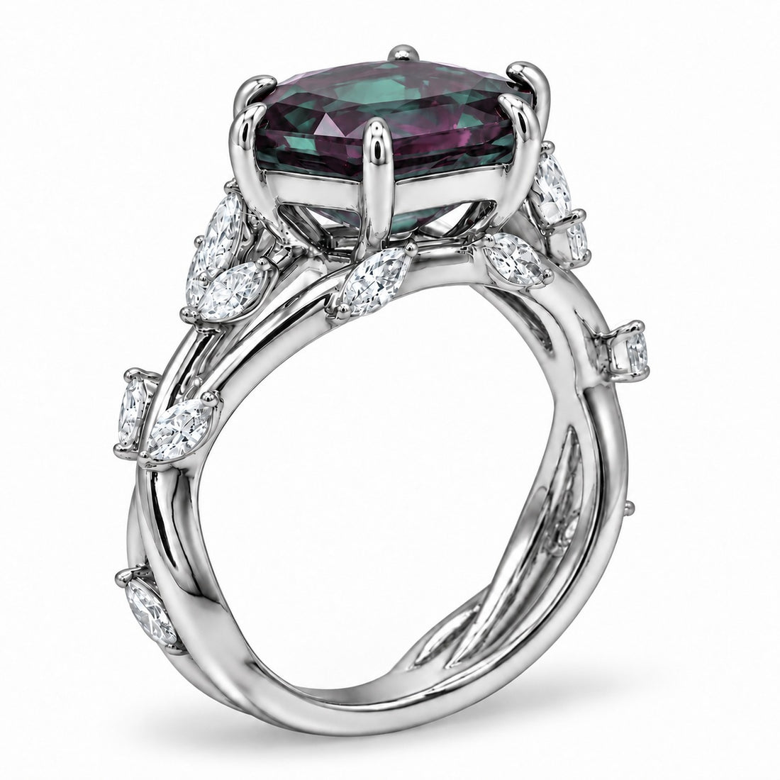 The Verbena — Dutch Marquise Alexandrite Garden Ring in platinum, angled view
