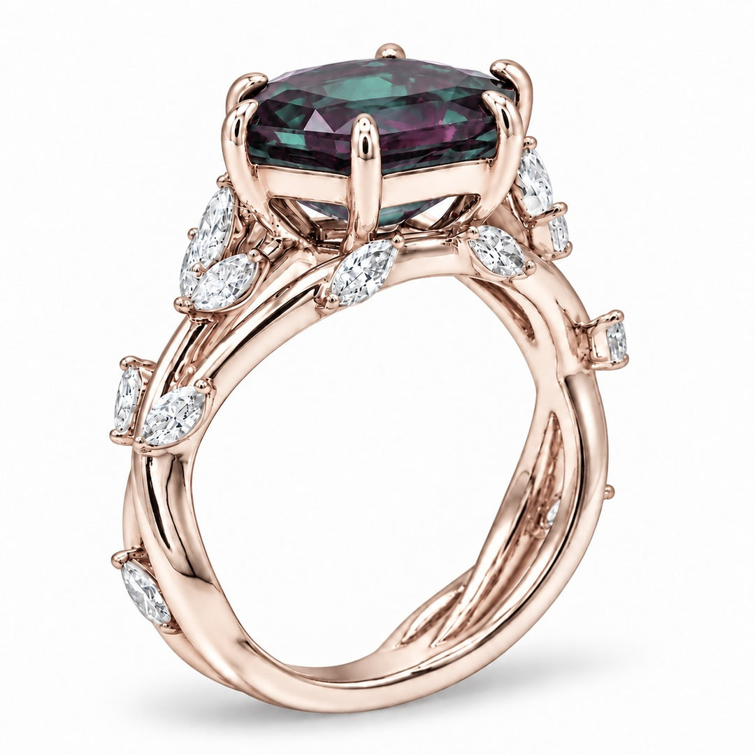 The Verbena — Dutch Marquise Alexandrite Garden Ring in 14K rose gold, angled view