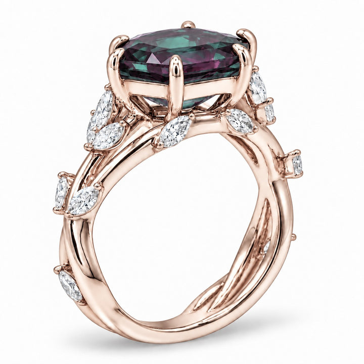 The Verbena — Dutch Marquise Alexandrite Garden Ring in 14K rose gold, angled view