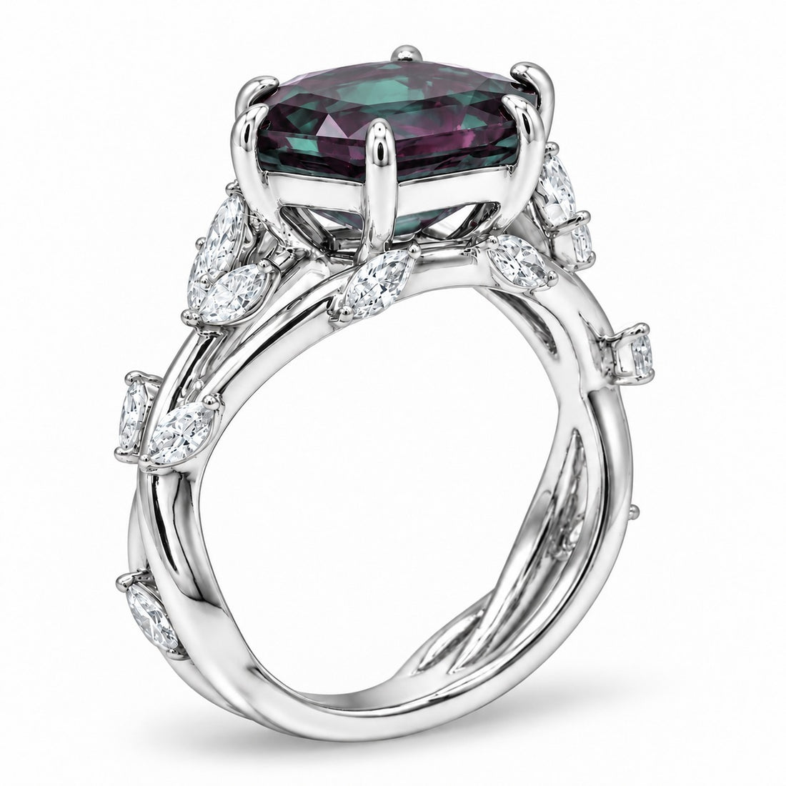 The Verbena — Dutch Marquise Alexandrite Garden Ring in 14K white gold, angled view