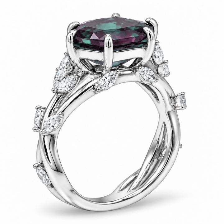 The Verbena — Dutch Marquise Alexandrite Garden Ring in 14K white gold, angled view