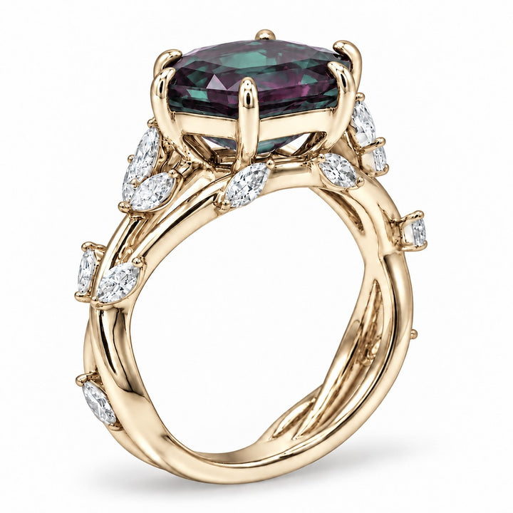 The Verbena — Dutch Marquise Alexandrite Garden Ring in 14K yellow gold, angled view