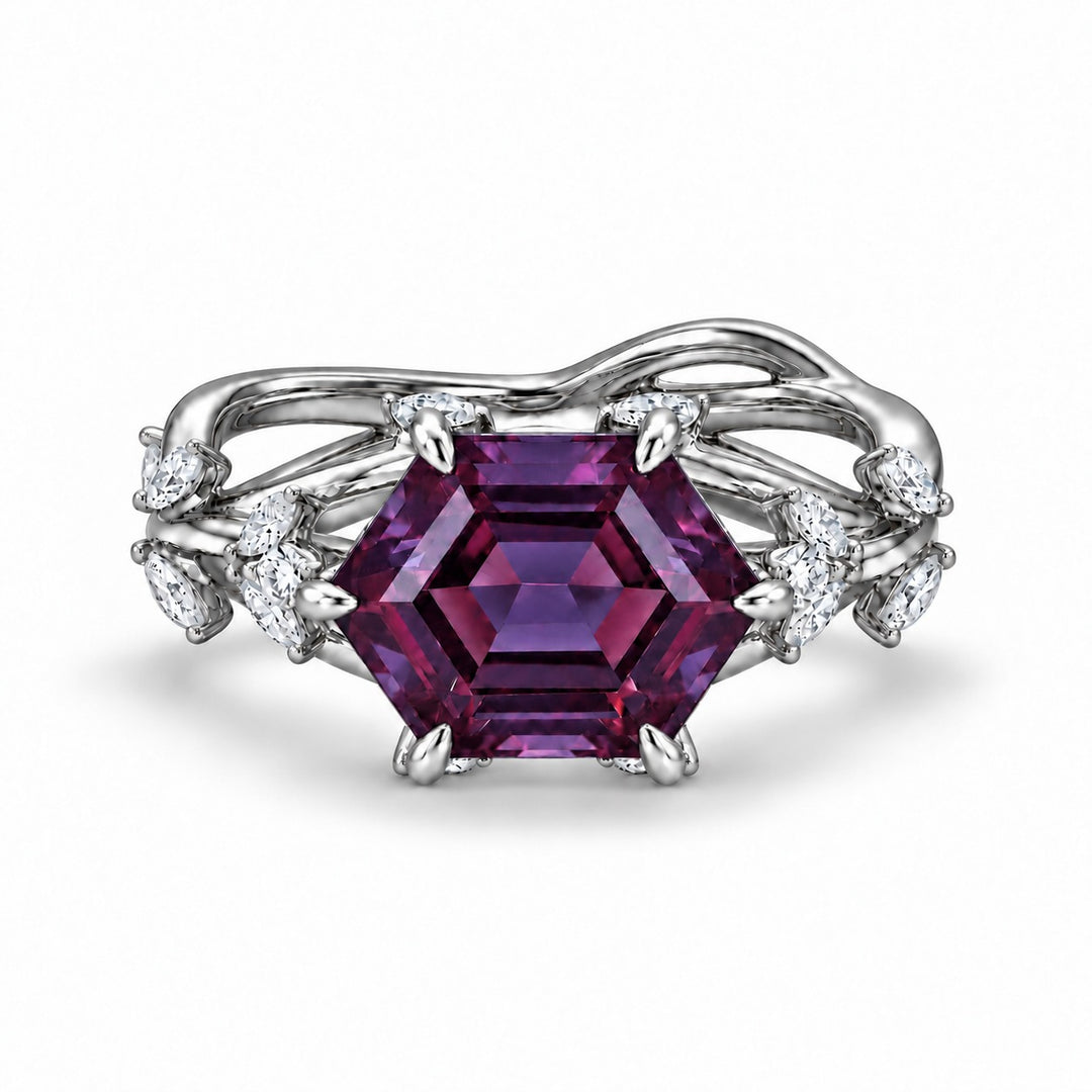 The Verbena — Dutch Marquise Alexandrite Garden Ring in platinum, in warm light