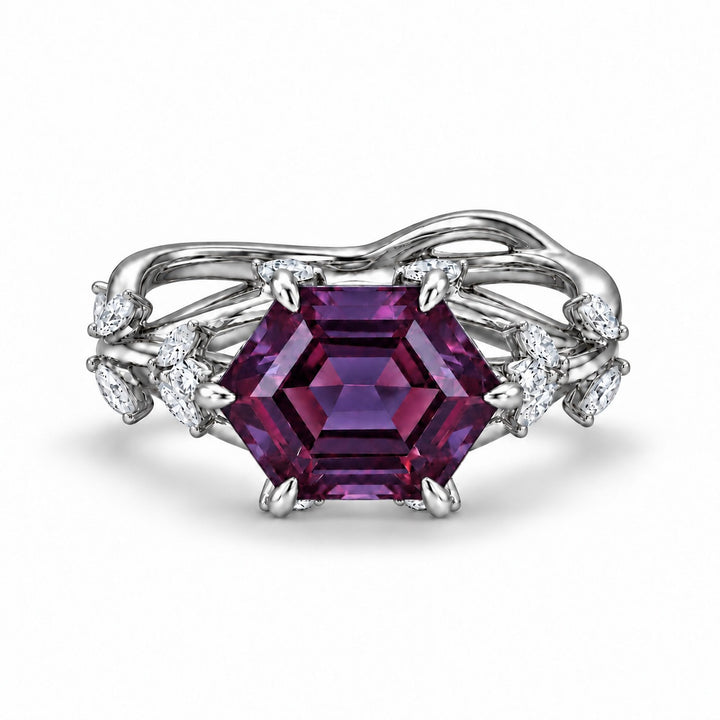 The Verbena — Dutch Marquise Alexandrite Garden Ring in platinum, in warm light