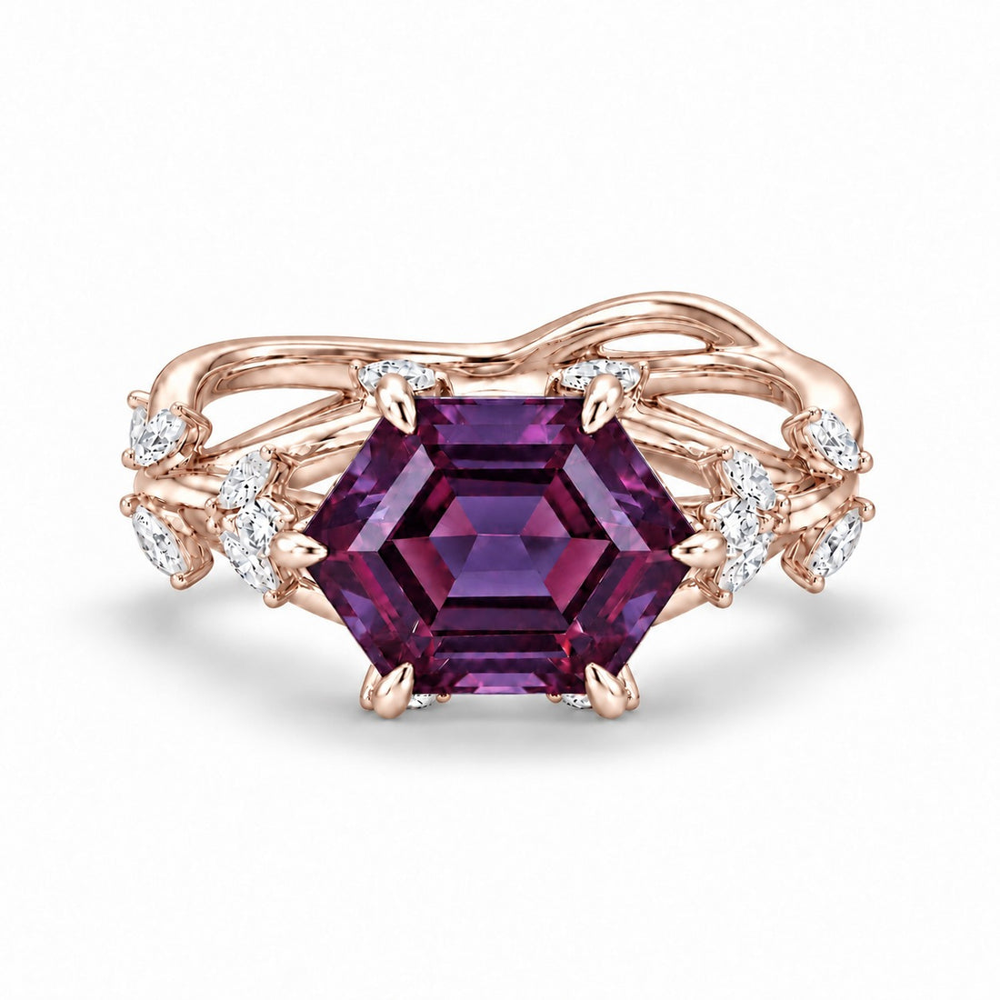 The Verbena — Dutch Marquise Alexandrite Garden Ring in 14K rose gold, in warm light