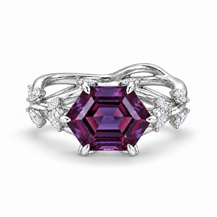 The Verbena — Dutch Marquise Alexandrite Garden Ring in 14K white gold, in warm light