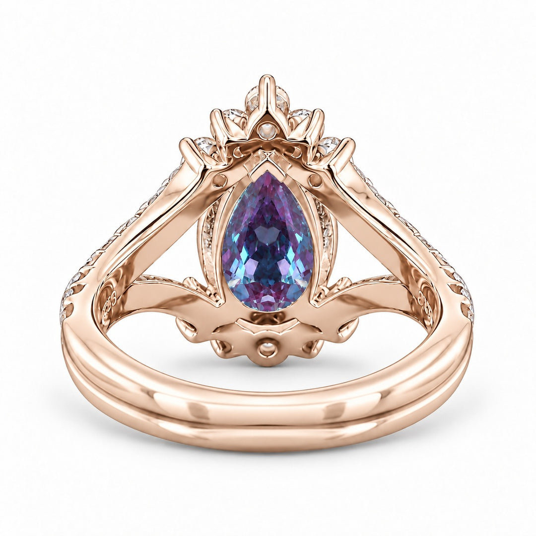 The Eye — Pear Alexandrite Diamond Ring in 14K rose gold, back view