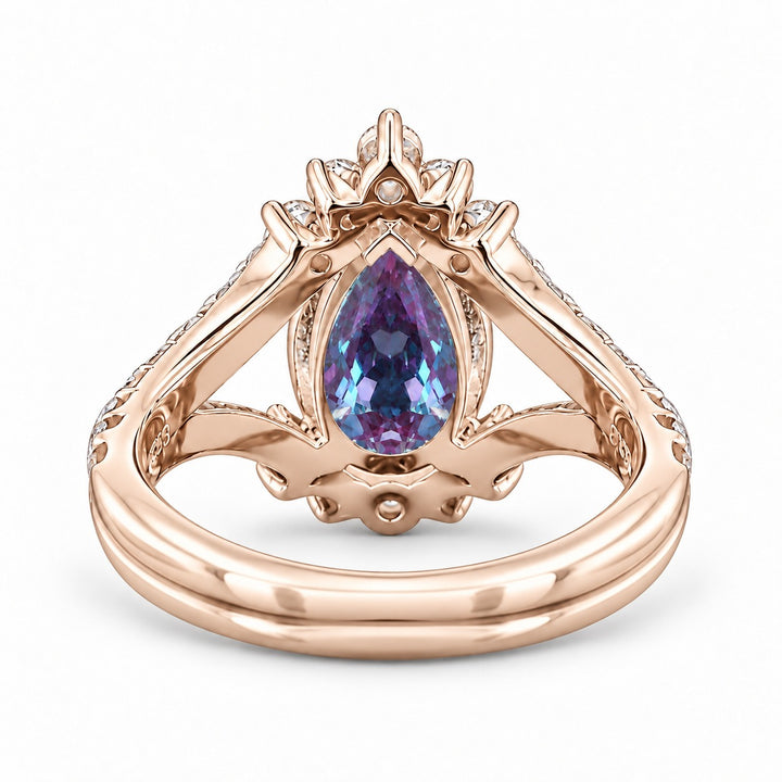 The Eye — Pear Alexandrite Diamond Ring in 14K rose gold, back view