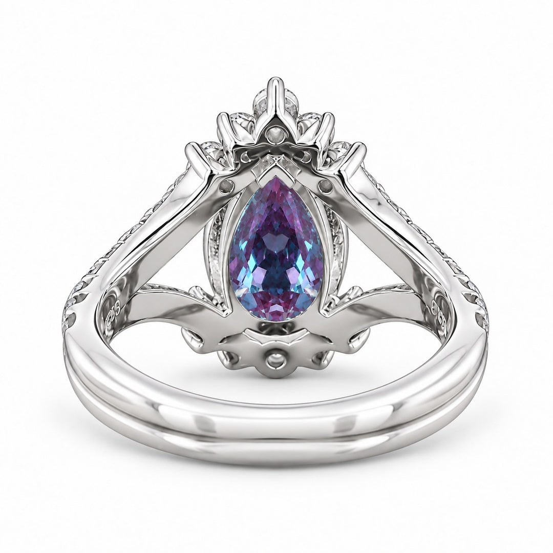 The Eye — Pear Alexandrite Diamond Ring in 14K white gold, back view