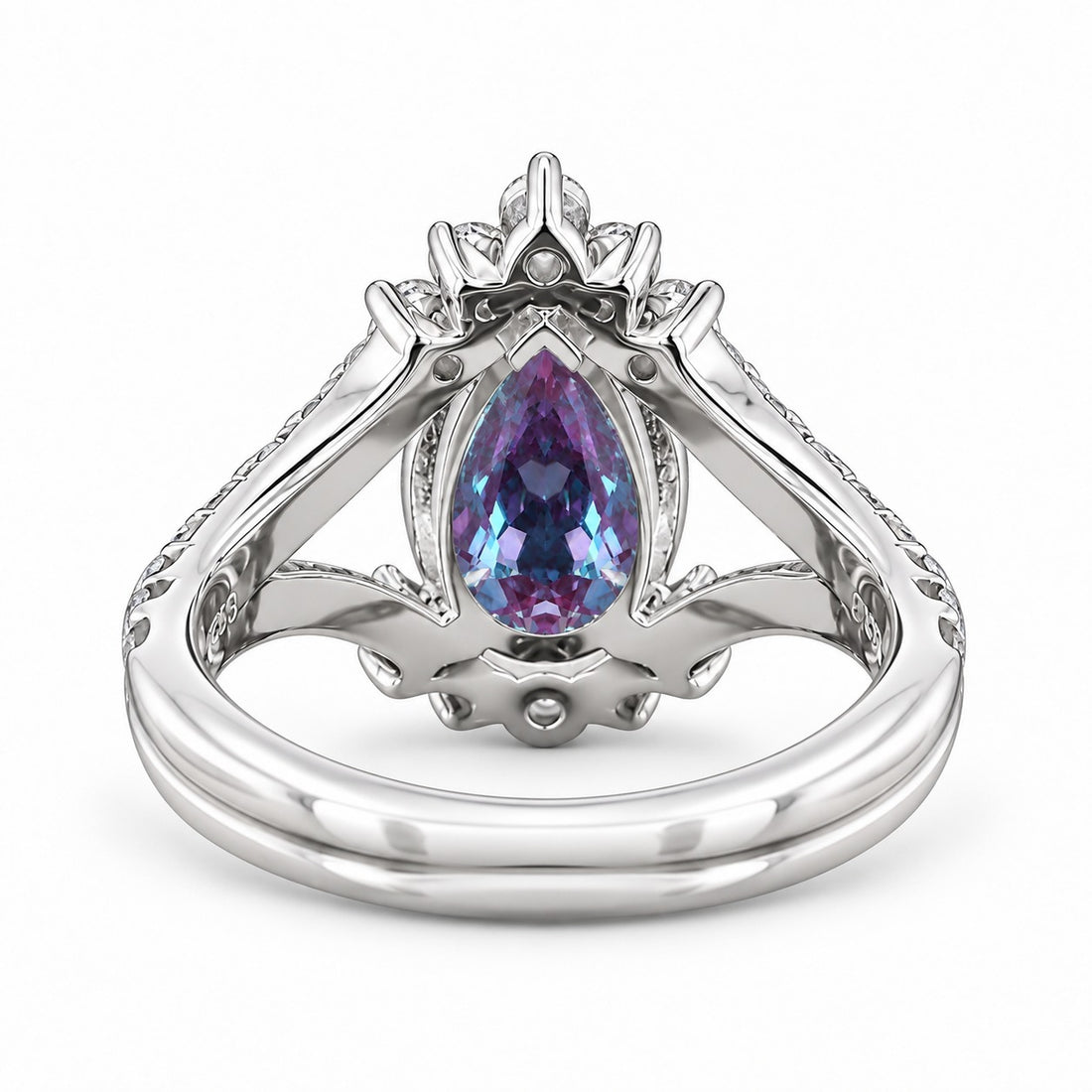 The Eye — Pear Alexandrite Diamond Ring in 14K white gold, back view