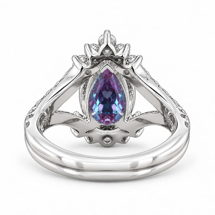 The Eye — Pear Alexandrite Diamond Ring in 14K white gold, back view