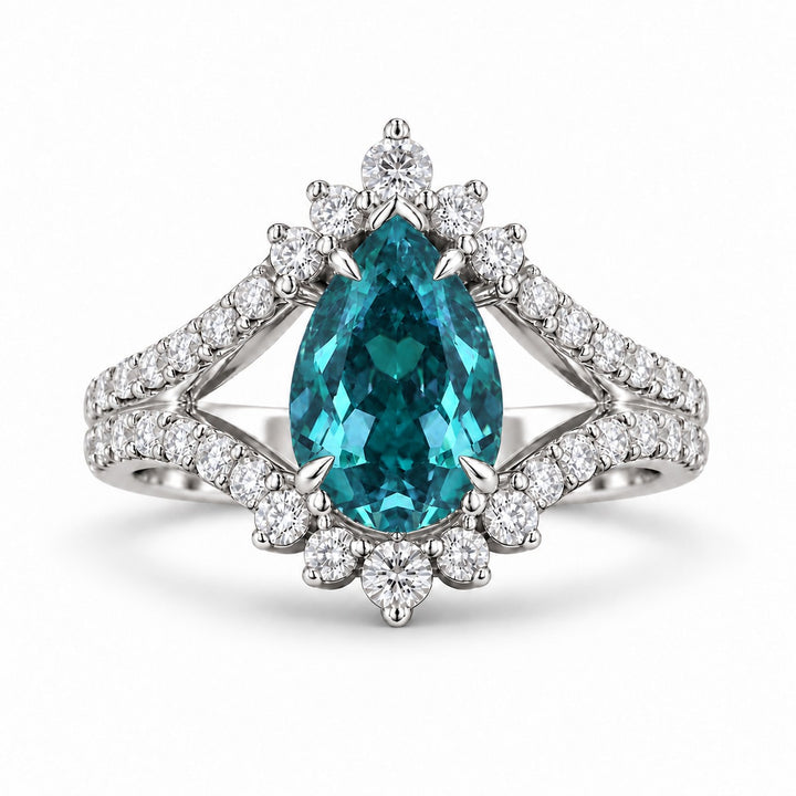 The Eye — Pear Alexandrite Diamond Ring in 14K white gold, in daylight