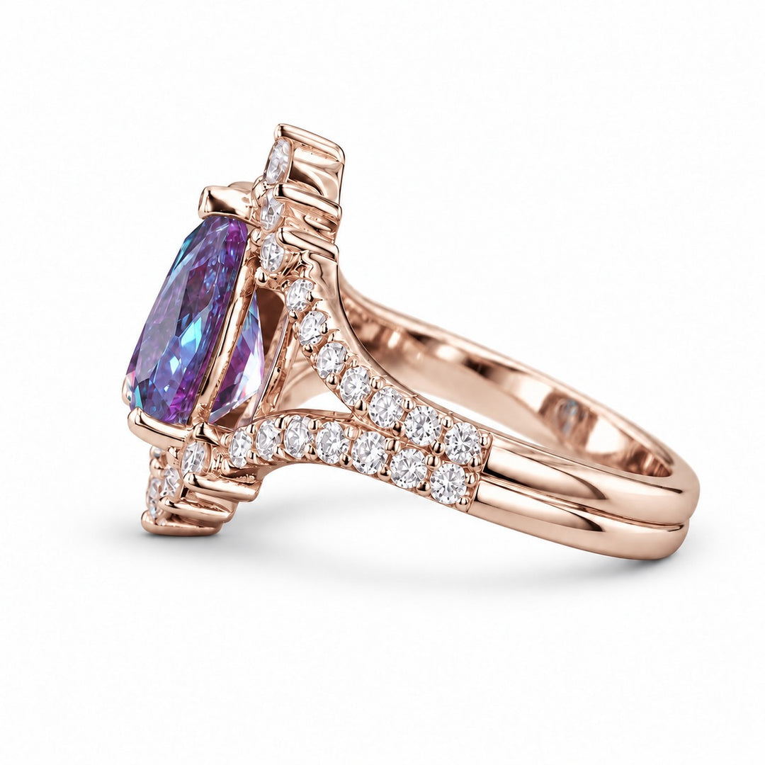 The Eye — Pear Alexandrite Diamond Ring in 14K rose gold, side view