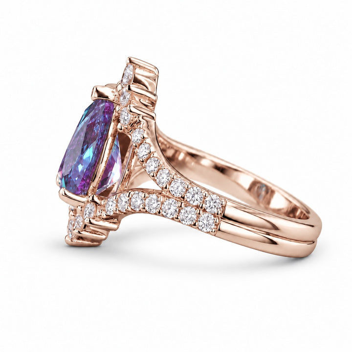The Eye — Pear Alexandrite Diamond Ring in 14K rose gold, side view
