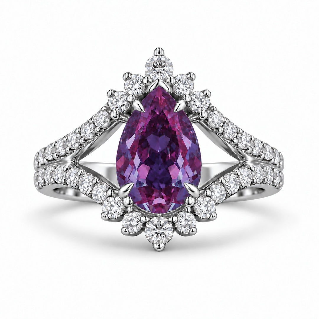 The Eye — Pear Alexandrite Diamond Ring in platinum, in warm light