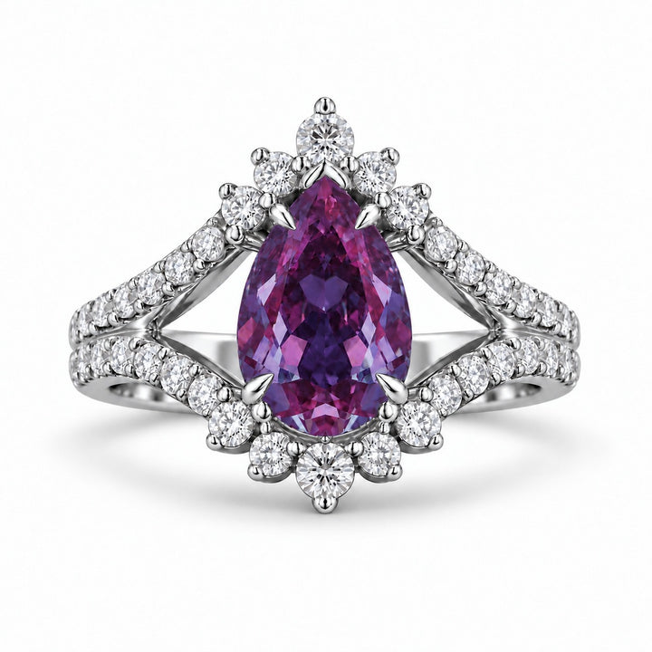 The Eye — Pear Alexandrite Diamond Ring in platinum, in warm light