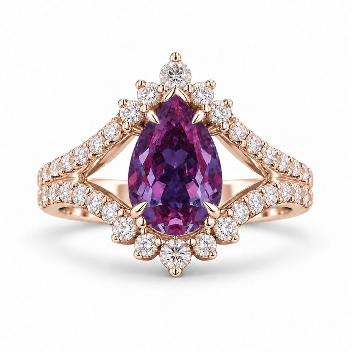 The Eye — Pear Alexandrite Diamond Ring in 14K rose gold, in warm light