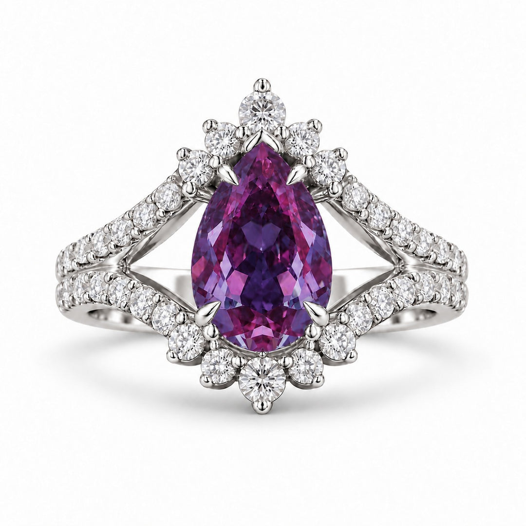 The Eye — Pear Alexandrite Diamond Ring in 14K white gold, in warm light