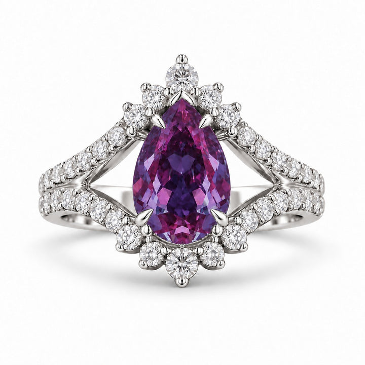 The Eye — Pear Alexandrite Diamond Ring in 14K white gold, in warm light