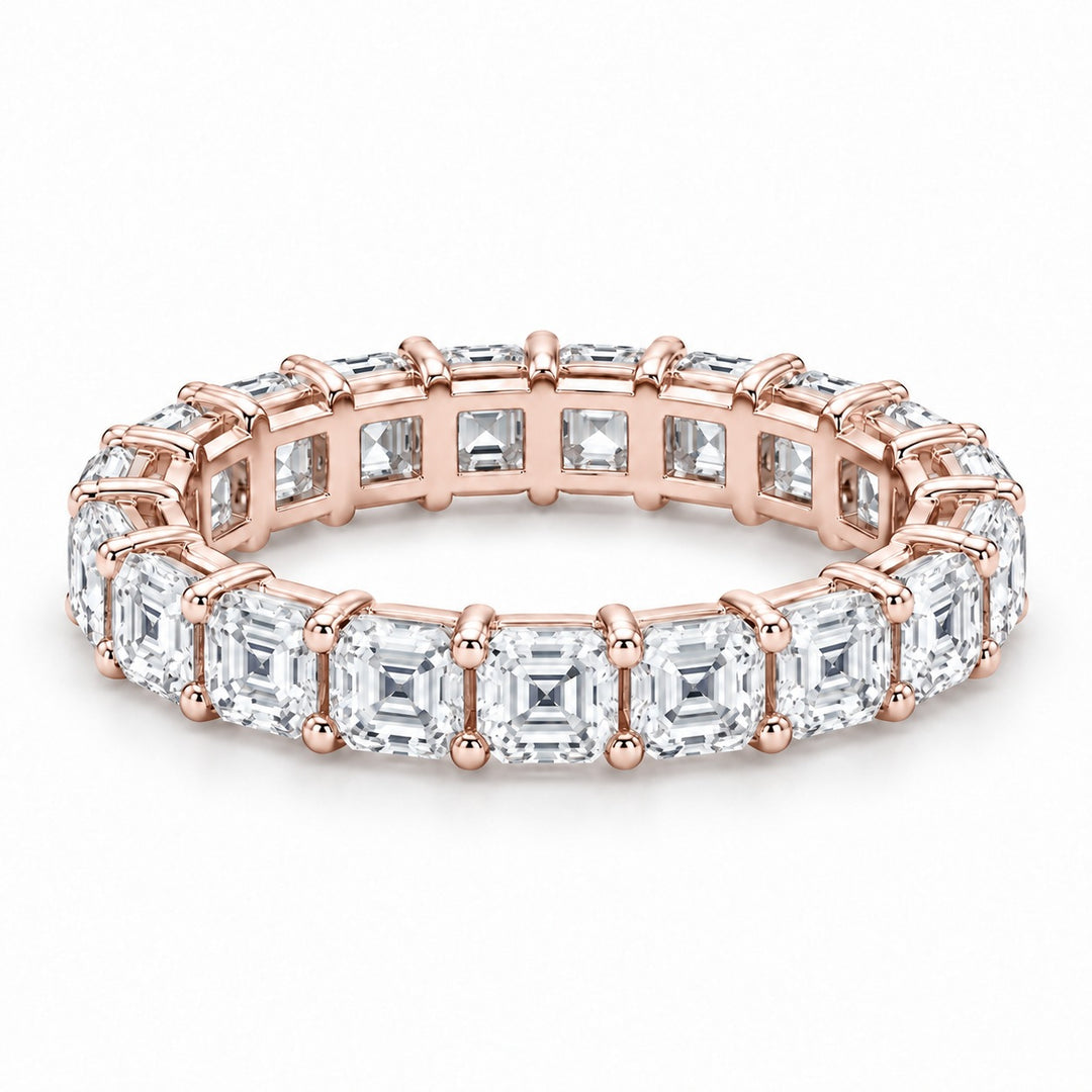 Asscher lab-grown diamond eternity band, 3.0mm, 14K rose gold, angled view