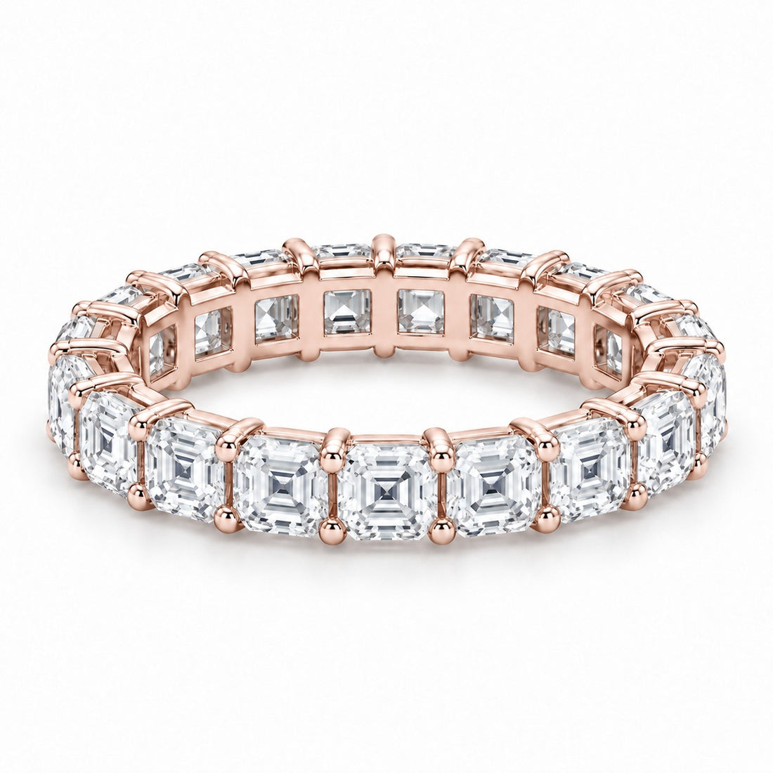 Asscher lab-grown diamond eternity band, 3.0mm, 14K rose gold, angled view